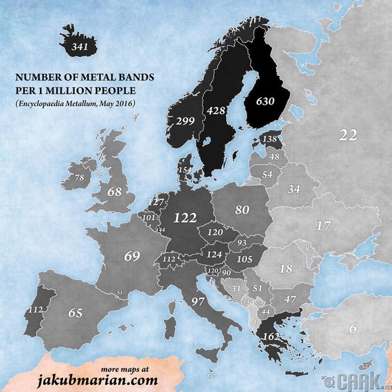 1 сая хүнд ноогдох метал хөгжмийн хамтлагийн тоо, Европын орнуудад