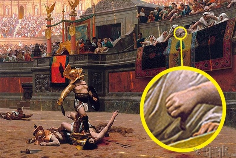 Эзэн хаан эрхий хуруугаа урвуу харуулах нь баатар эрд түүнийг устга гэх тушаал буулгаж буй хэлбэр