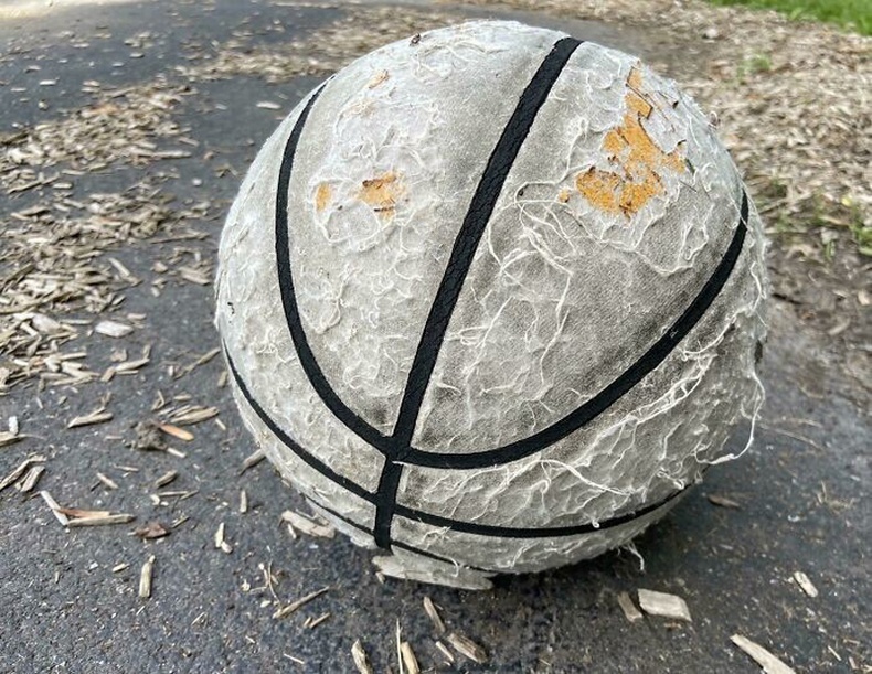 Миний тоглодог сагсны талбай дээр ийм бөмбөг бий. Үүгээр ирсэн хүн болгон тоглодог учраас ингэтлээ элэгдсэн байна