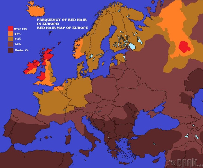 Европын улс орнуудад байдаг улаан үстнүүдийн газрын зураг