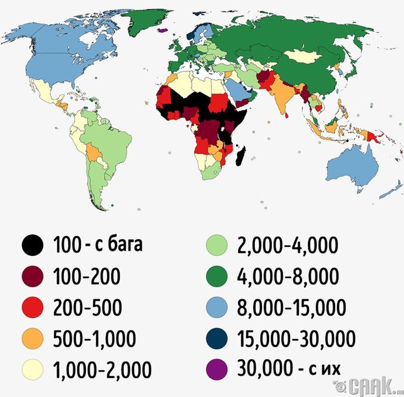 Дэлхийн улсуудын цахилгаан хэрэглэлт (нэг хүний нэг жилд хэрэглэх кВ/цаг)