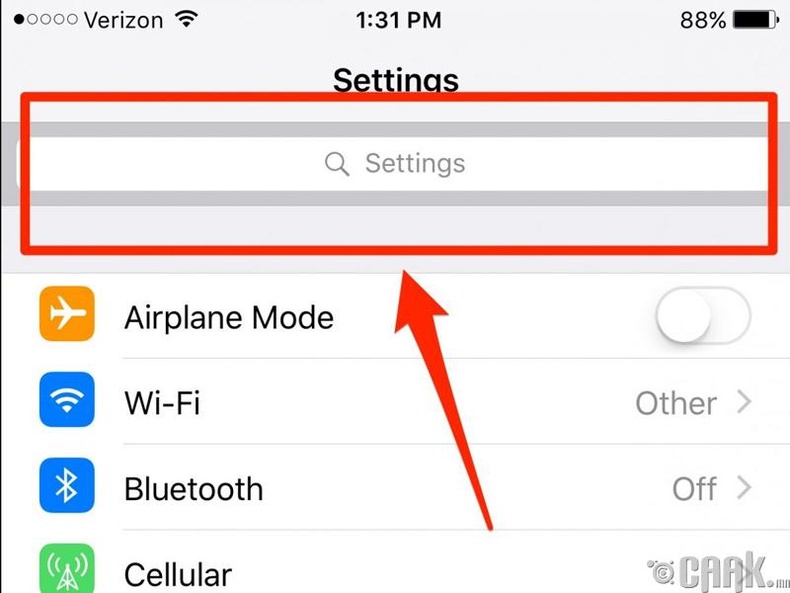 “Settings” цэснээс хайх