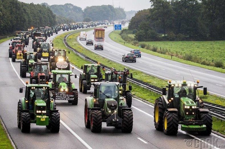 Нидерландын мянга мянган тариачид трактортойгоо улчын гол замыг хаагаад байна