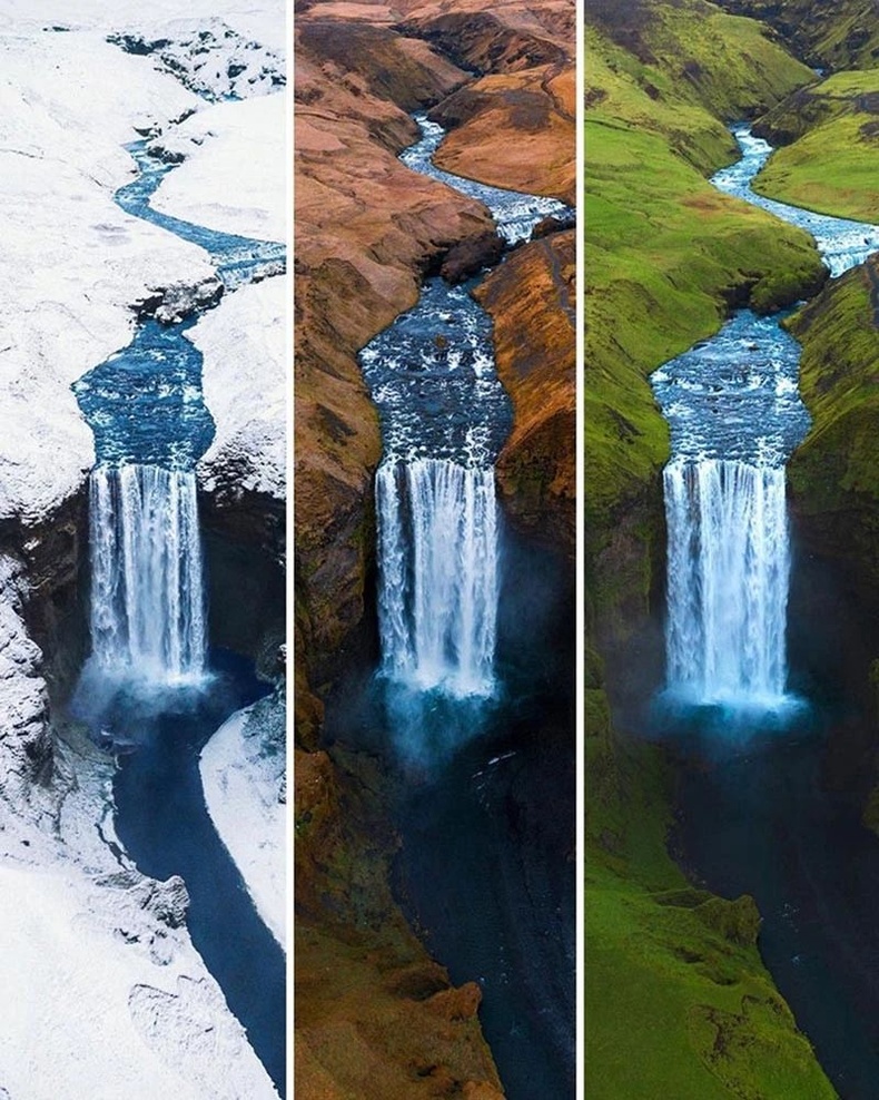 Исландын Скогафосс хүрхрээ гурван улиралд