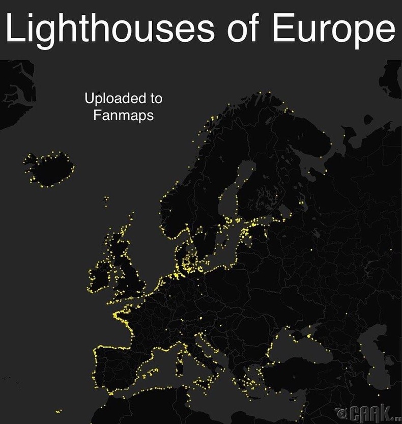 Европ тив дэх гэрэлт цамхгуудын байршил